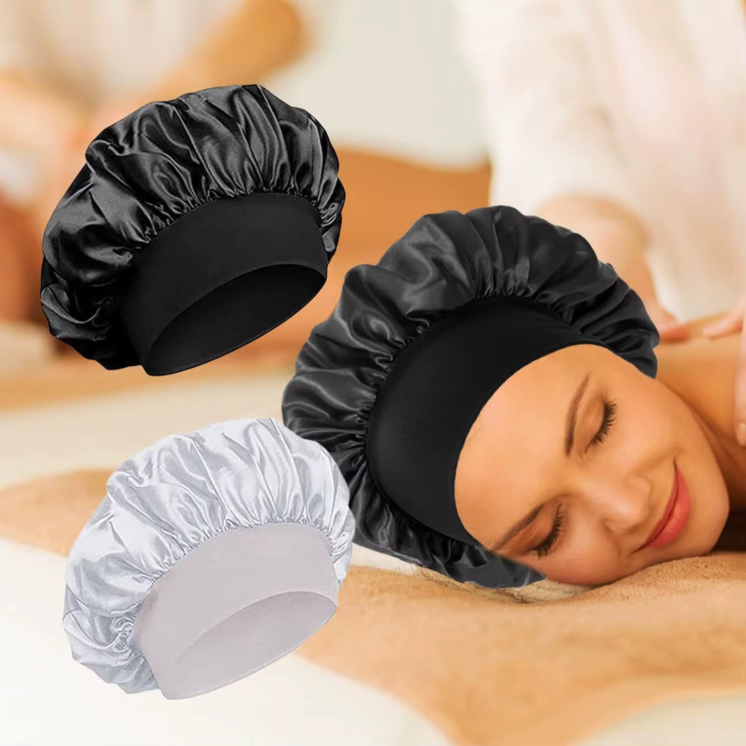 Women Satin Bonnet Solid Color Wide Brim Sleeping Shower Curly Hair Daily Fashion - Image 8
